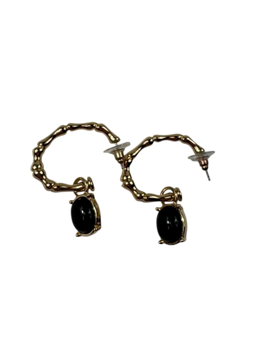 LOFT Ann Taylor Gold Black Stone Bamboo Hoop Dangle Earrings Office Career